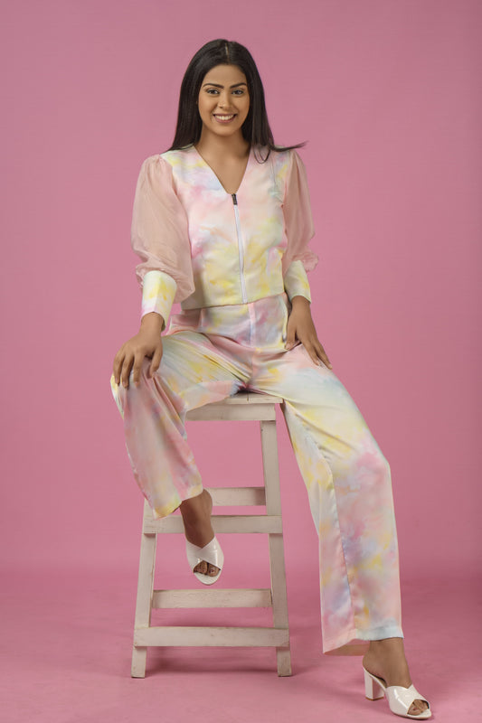 Tie Dye White Bishop Sleeve Top & Palazzo Set